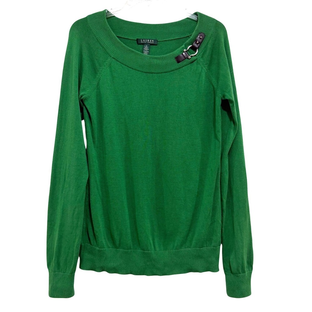 Lauren Ralph Lauren Green Cotton Buckle Detail Scoop Neck Sweater Womens Medium